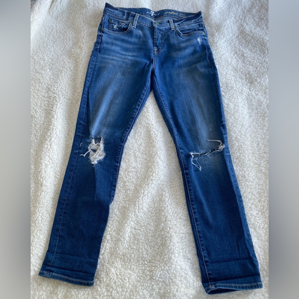7 For All Mankind Josefina Skinny Boyfriend Jeans Medium Wash Distressed Size 25